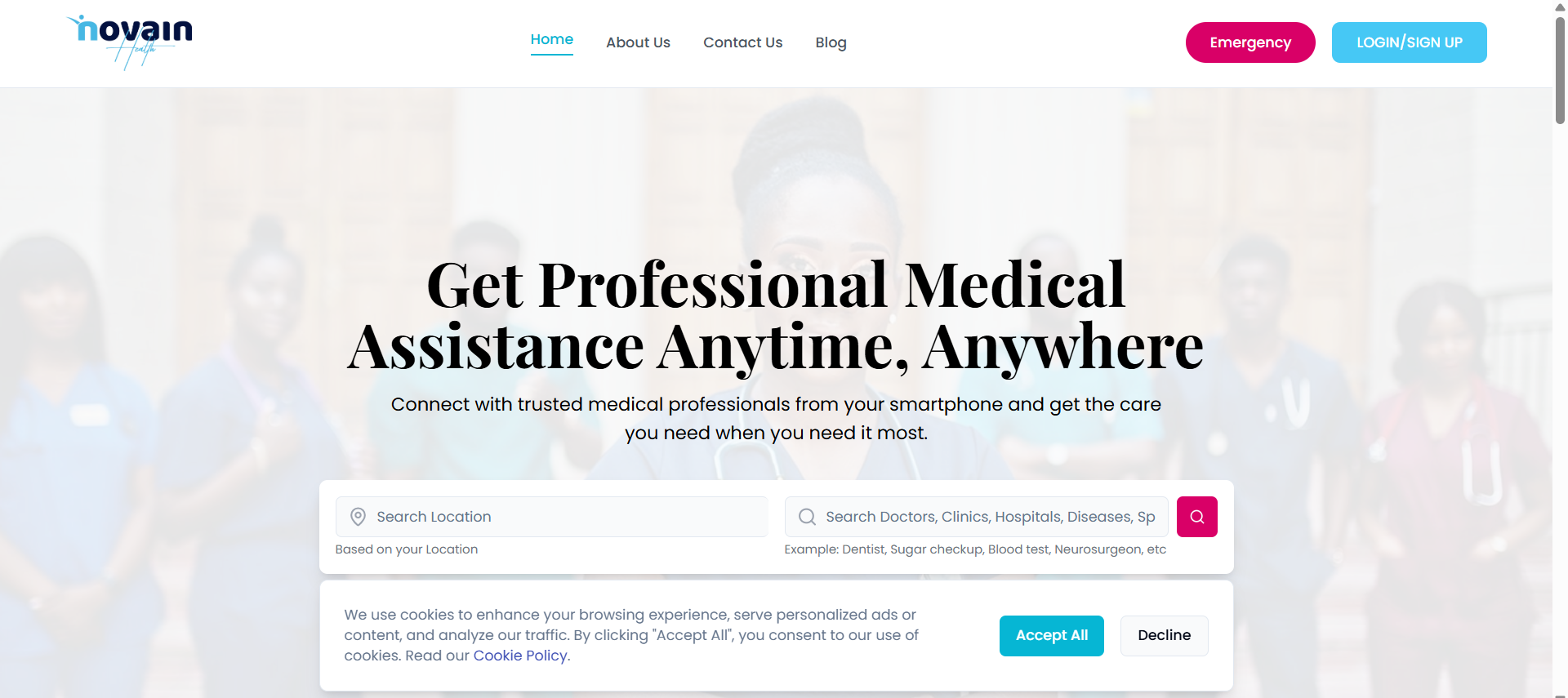 A mockup of the Novain Health telehealth platform on a laptop screen.